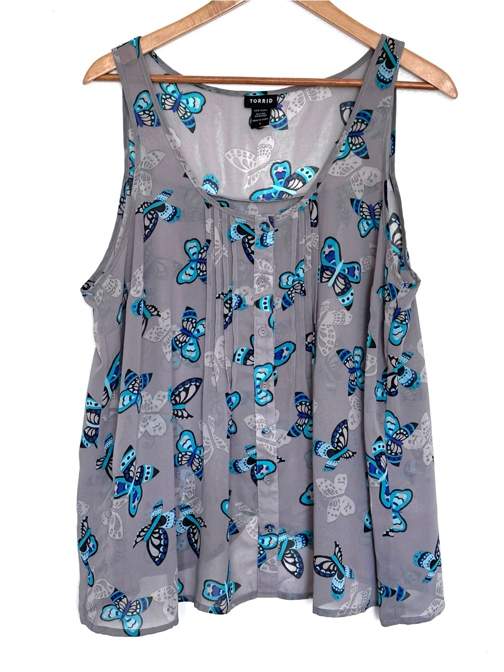 Torrid Shirt Women Size 1 Grey Butterflies Sheer Sleeveless Top